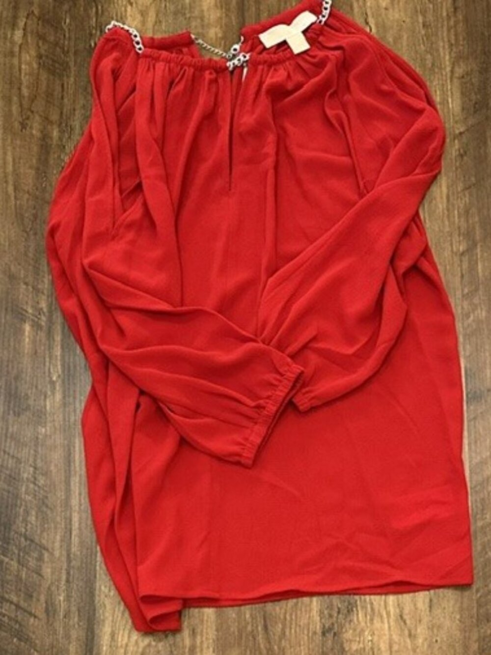 Michael Kors Red Peasant Blouse – Long Sleeve Gathered Neck Top